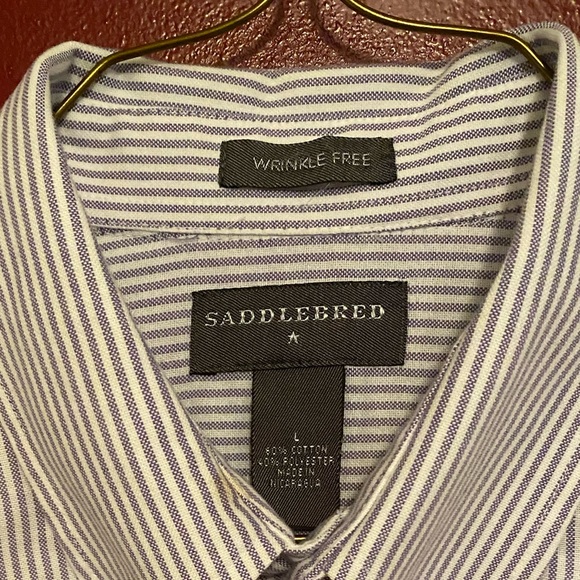 Men’s Saddlebred Wrinkle Free Button Down Shirt White/Purple Pinstripe - Picture 2 of 9